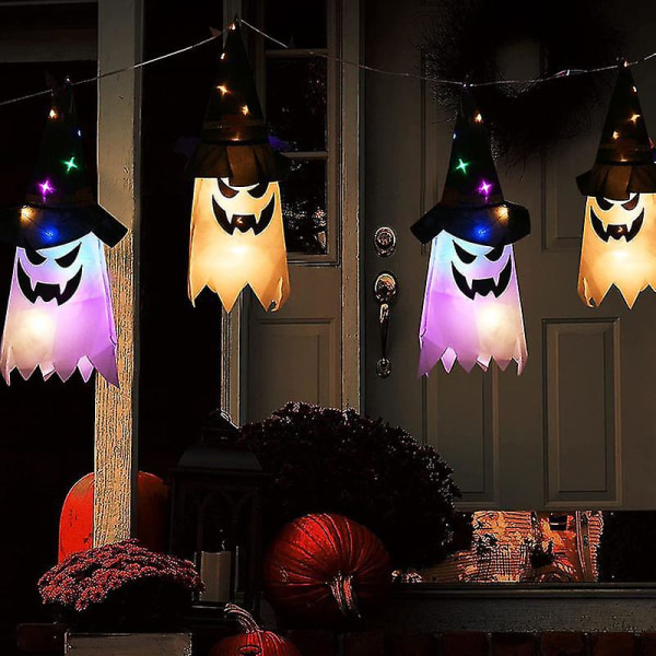 Hanging Ghost LED- set Halloween dekoration Ghost LED-lampor Glöd Skräckrekvisita Spooky Witch Hat Hängande lampor