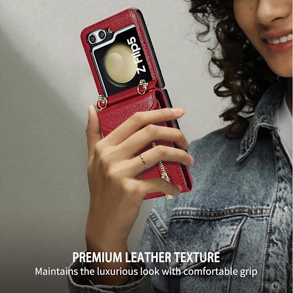 Pengepung til Samsung Galaxy Z Flip 5, PU Læder Stødsikker Cover med Lynlås Kortlomme & Skulderrem (Pink)
