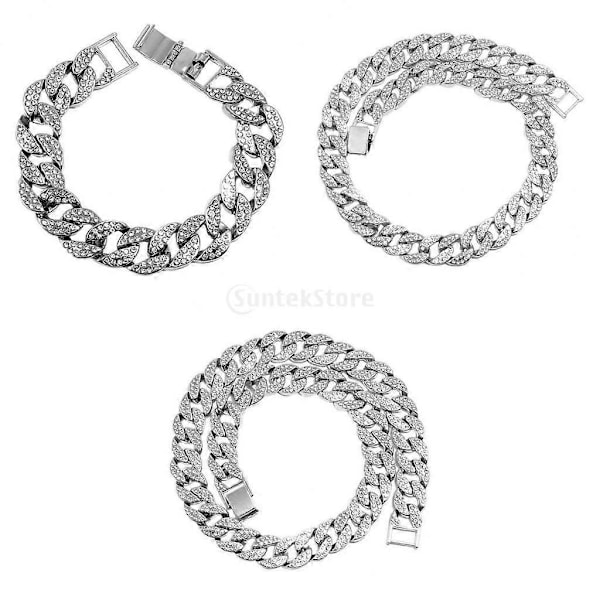 3x Kubansk Kedja Lyx Bling Tungt Belagd Strass Stark Party Män Silver