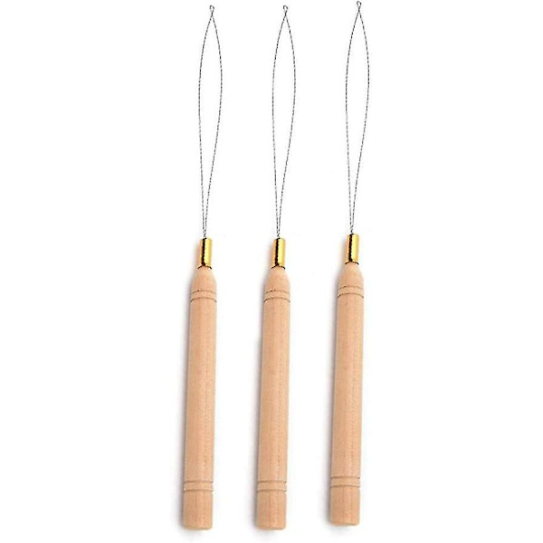 Hår Extensions Loop Needle Threader Pulling Hook Tool Och Bead Device Tool För Hår Eller Fjäder Extensions - Trä Och Rostfritt Stål 3st