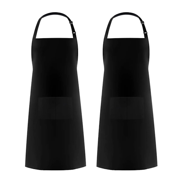 2 st Enfärgad Polyester Matlagningsförkläde Justerbart Köksförkläde Mjuk Kockförkläde med Väska för Kvinnor och Män Färg Svart
