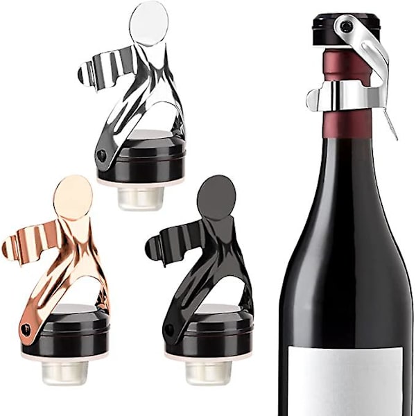 Vinstoppare i rustfritt stål, champagnepropp for vin, champagne, musserende vin, 3 stk, sølv, roségull, svart