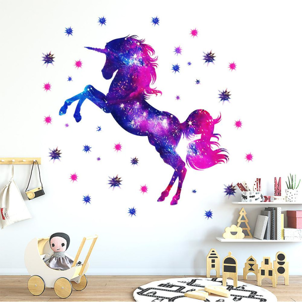 Färgglada Galaxy Unicorn and Stars 3D-väggklistermärke, avtagbar väggkonstdekal, Art Magic Horse Heminredning för barn Vardagsrum Sovrum