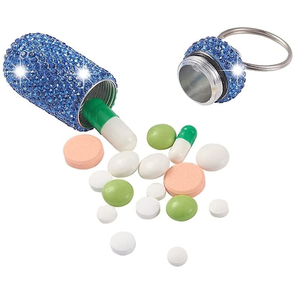 Bling Rhinestones Bärbar Pillerburk Nyckelring Hänge Aluminiumlegering Mini Pillerorganisatör för Utomhuscamping Resor