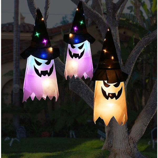 Hanging Ghost LED- set Halloween dekoration Ghost LED-lampor Glöd Skräckrekvisita Spooky Witch Hat Hängande lampor