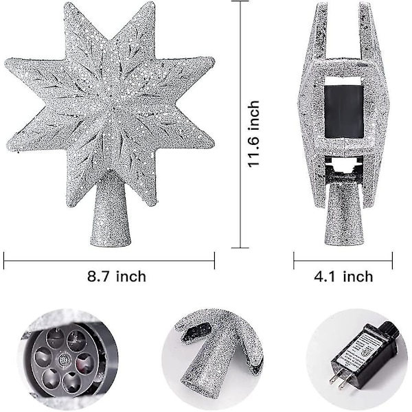 Julgrans Topp. 3D Silver Åttauddig Stjärna Julgrans Topp Med Belysning