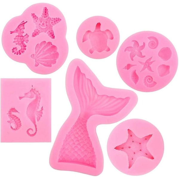 6 stk. Fondant kagemåle Havfruehale form DIY Dyr silikoneforme sæt Seashell form og Havfruehale form Chokoladeform Geléforme
