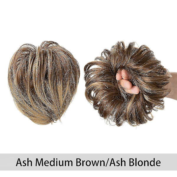 Slarvig Bun Hårlängd Rakt Peruk Bun Hårsnodde Högtemperaturfiber Syntetisk Kort Hästsvans Förlängning, Ask Medium Brun/Ask Blond