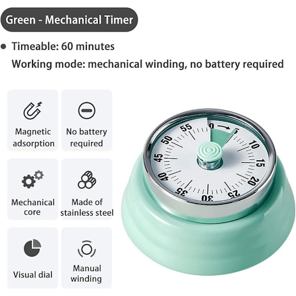 Rustfrit stål vintage køkkentimer med magnetisk bagside, 60-minutters nedtælling og høj ring - Ideel mekanisk timer (grøn)