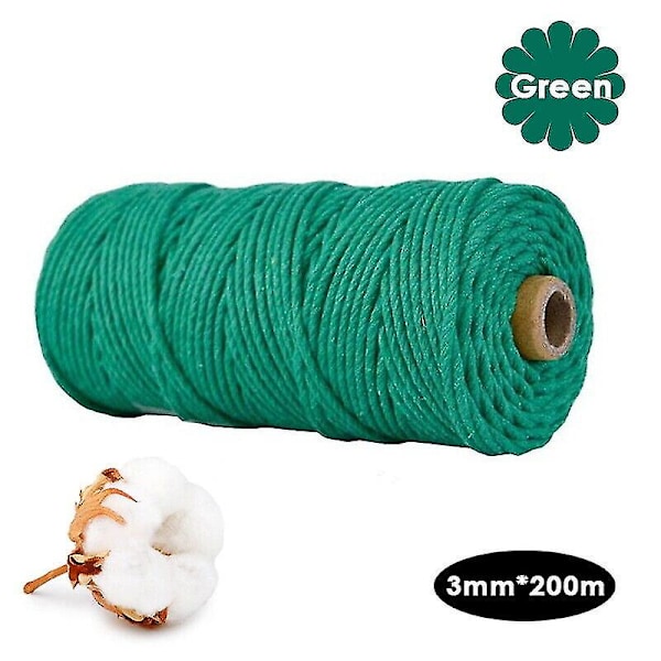 3mm X 200m Naturligt Bomullsrep, Vridet, För Hantverk, Makramé, Arbetstråd, Flätat (Grönt)