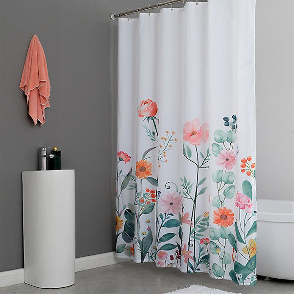 Vattentät duschdraperi med blommor, mögel- och mögelbeständig polyesterduschdraperi, dekorativt tygdraperi med krokar (180 x 180 cm)