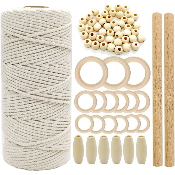 3mm luonnonpuuvillaköysi Macrame-makrameelanko puutikut puiset renkaat puinen