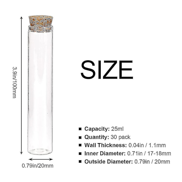 30 stk 25 ml glassprøverør, 20 x 100 mm klare flate prøverør med korkpropper for vitenskapelige eksperimenter, badesalt og godteri oppbevaring