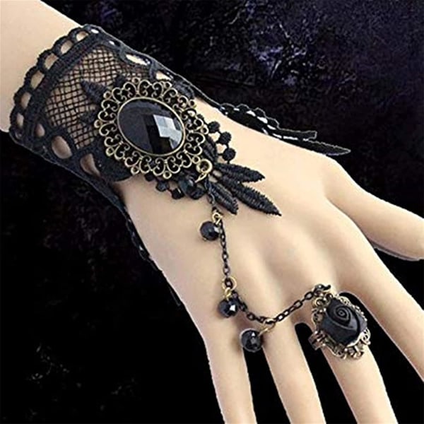Gothic Floral Lace Steampunk Armband Ring Vintage pärlhandskar Brudarmband Ring Set