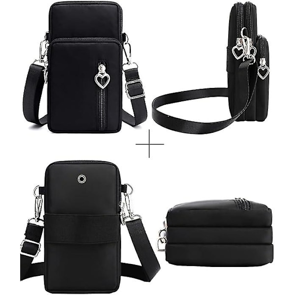 Kvinnors Cross Body Telefonväska Damväskor Över Axeln Väskor 3 Lager Mobiltelefon Väska Plånbok Nylon Plånbok för Kvinnor Handväskor,Svart