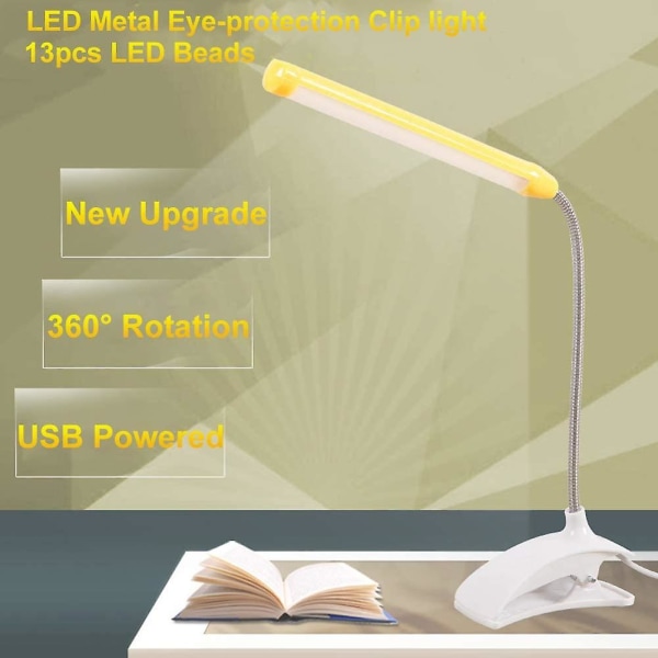 LED-klemmelys Dæmpbar USB-drevet klemlampe Bord Skrivebordslæselampe til læsning, studier, arbejde, soveværelse, kontor (gul)