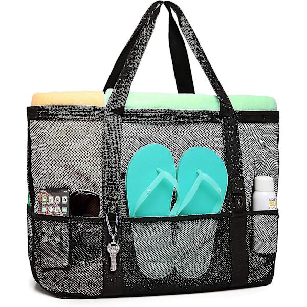 Strandveske, F-farget Mesh Oversized Strandveske med 9 Lommer Strandleketøyveske