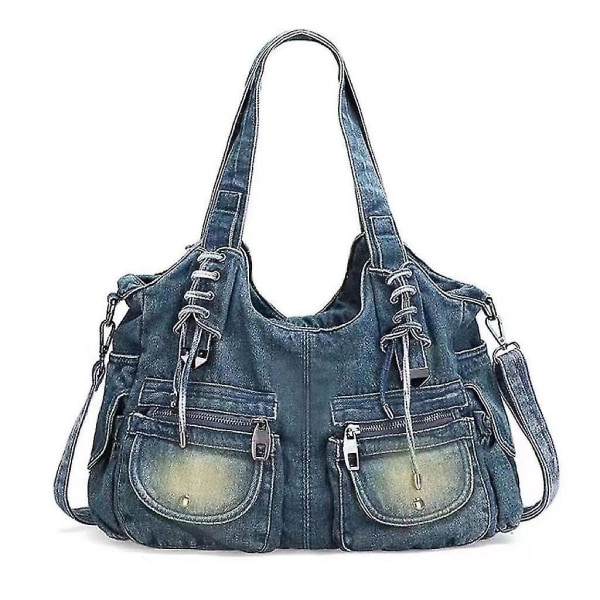 Denim handväska stor kapacitet kvinnors jeansväska Zipper Pocket Dec Denimväska