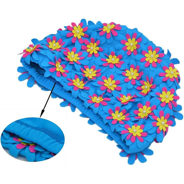 Svømmehette Floral Petal Retro Style Badehetter for Kvinner (Blå)