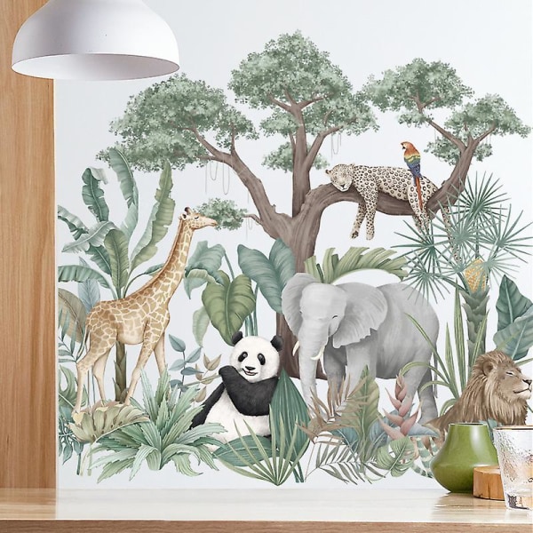 Tecknad tropisk regnskog Djurväxt Väggdekal, Avtagbar Djungeldjur Elefant Giraffe Zebra Tapetdekal, Konstmålning för barn