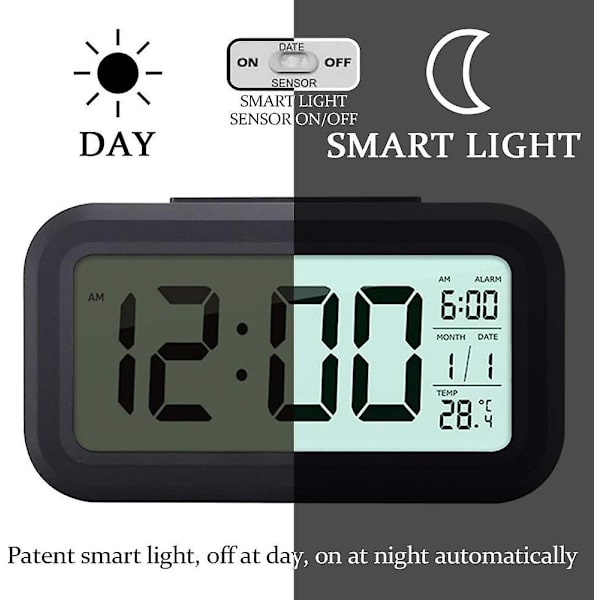 Digital trådlös batteridriven väckarklocka med datum, temperatur, smart ljussensor, 12/24 timmar, snooze för sovrum, kontor 5,31 x 2,95 x 1,77