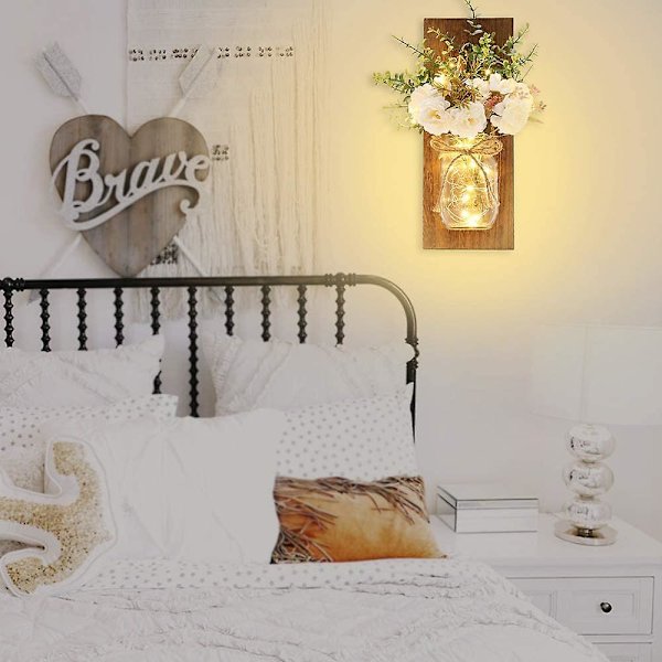 Rustika Vägglampor Mason Jar Vägglampor Handgjord Väggkonst Hängande Design Med Fjärrkontroll LED-Fairy Lights Och Vit Pion, lantlig Köksdekoration