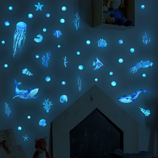 Luminous Stickers Marine Life Under the Sea Wall Stickers Fluorescent Fish Sticker för Barnrum Tak Dekoration Blå