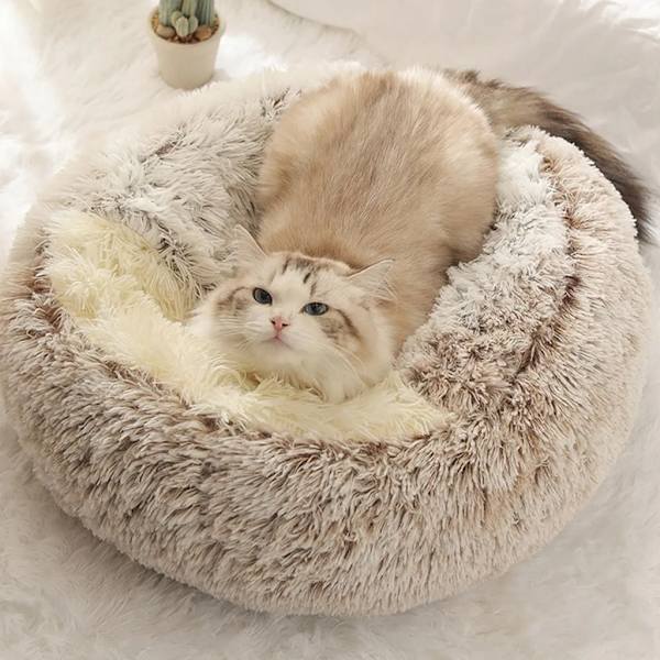 2 i 1 halvlukket katteseng, rund kort plysj lang varm vinter katteseng, Donut Fluffy katteseng, 40 * 40cm, lys brun