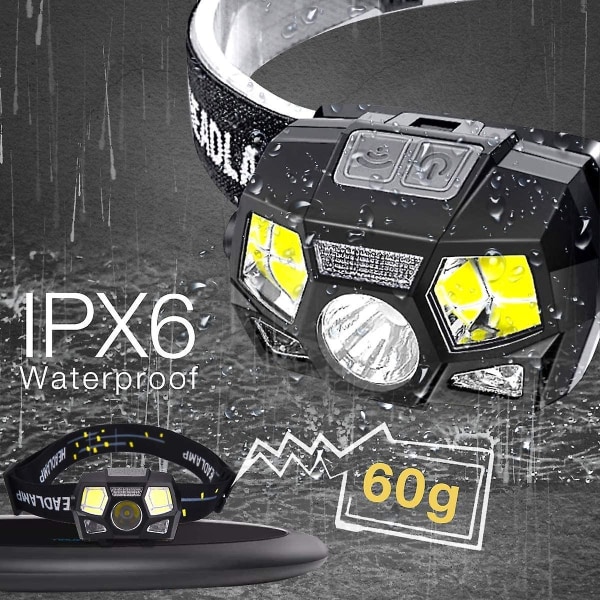 Strålkastare, 300 lumen led uppladdningsbar USB kraftfull huvudlampa, 5 ljuslägen, vattentät Ipx4 med rörelsesensor för löpning Camping Cykling Outdo