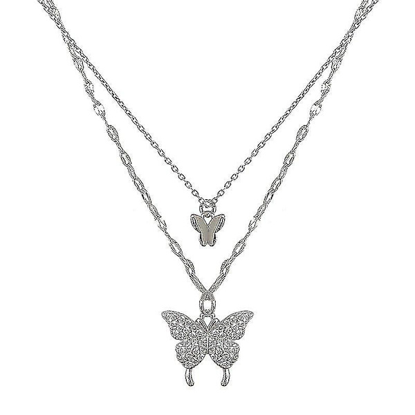 Sl 2 stk. Etnisk Stil Trendy Diamantbesatt Butterfly Dobbeltlags Halskjede Mote Temperament Design Henger Kald Vind Henger Shisanq