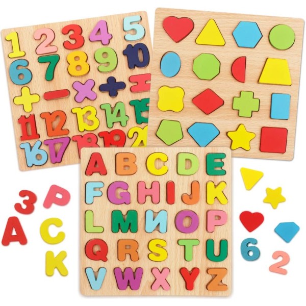 3-pack alfabetsiffror i trä för barn 1-3 år gamla, förskolegåva inlärning av alfabetet pusselleksaker