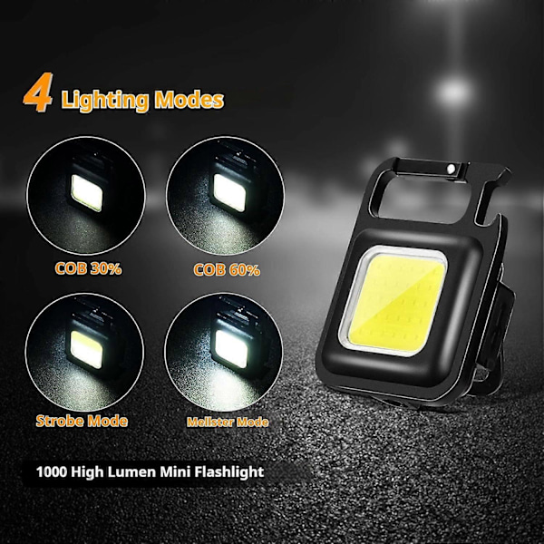 Mini LED arbeidslys, 4 stk 800 lumen inspeksjonslys oppladbare mini nøkkelring verkstedlampe med magnetkrok, COB 4 moduser lommelykter