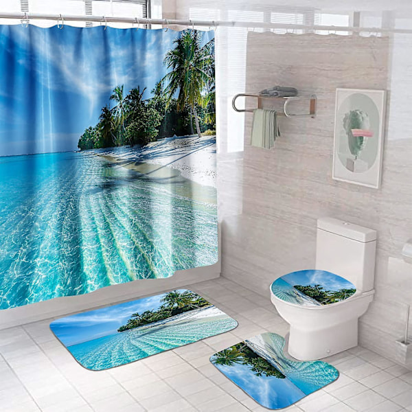 Sommartema Strand Duschdraperi Set, Vattentät och Vindtät Kokosnöt Strand Duschdraperi och Mattset för Badrum, Toalettlock och Badmatta wi