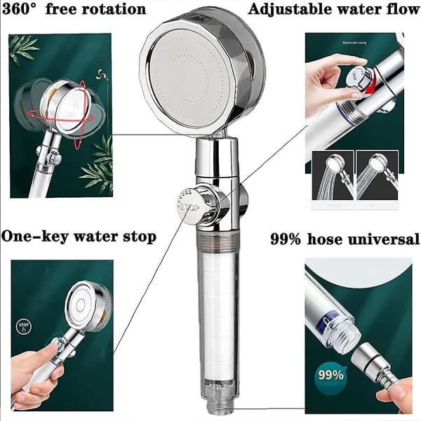 Korkeapaineinen suihkupää 360° potkuri suihkupää Veden säästö suihkupää suodattimella ja kytkimellä (kulta)