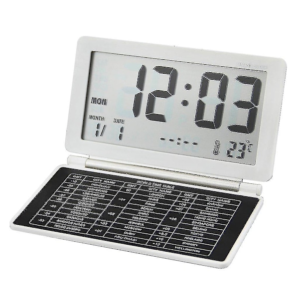 Elektronisk Resa Digital LCD Alarm Klocka Kalender Bärbar Slank Vikbar Tyst Skrivbordslarm Klocka (VIT)