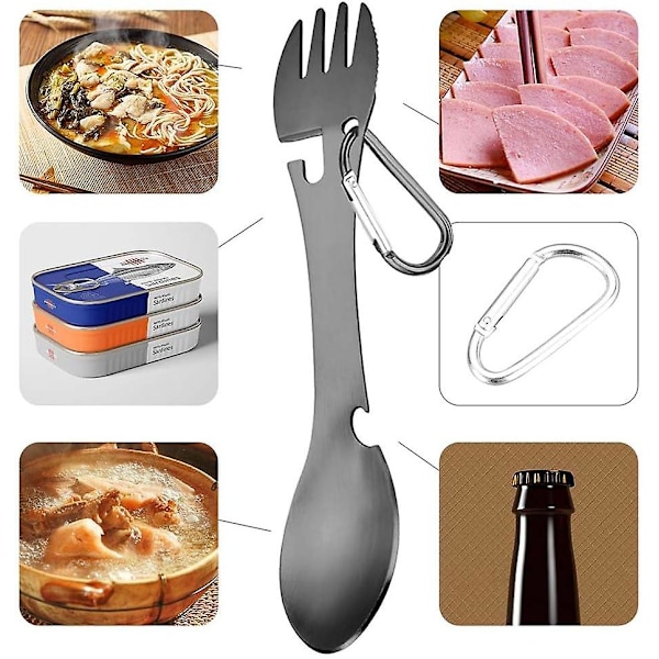 2-pack resekit bestickset i rostfritt stål, gaffel, sked, flasköppnare, 5-i-1, för camping, vandring, fiske