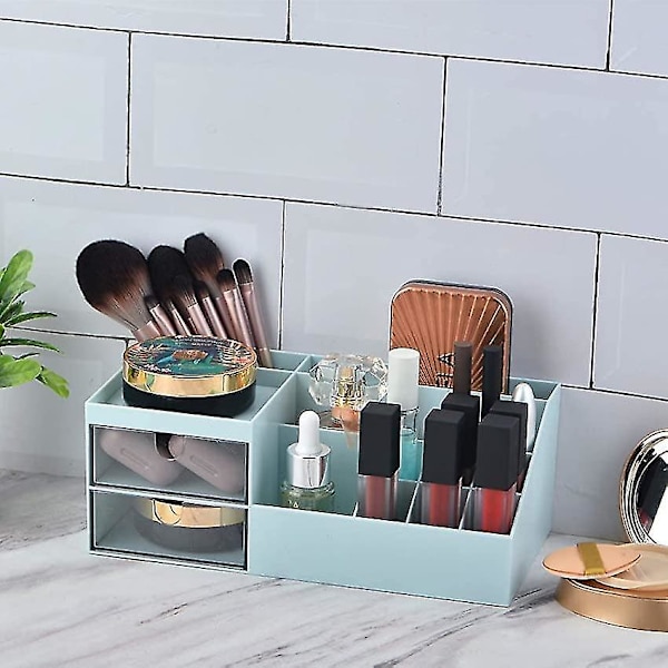 Skrivebords Opbevaringsboks, Makeup Organizer, Skrivebords Skuffe Organizer, Badeværelsesbord Eller Kommode - Blå