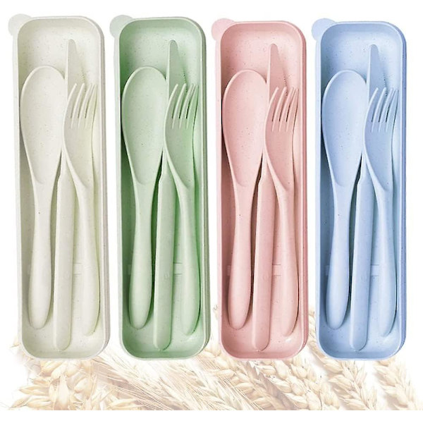 4-pack Bärbar Plast Reseset med Kniv, Gaffel och Sked i Väska för Camping Picknick, Återanvändbara Skedgaffelset för Utomhusporslin, Miljövänligt, Beige Grön Rosa Blå