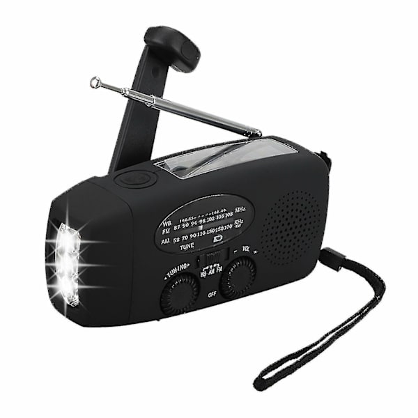 Nödradio med solpanel, handvev, AM/FM, väderradio, LED-ficklampa, laddare (svart)