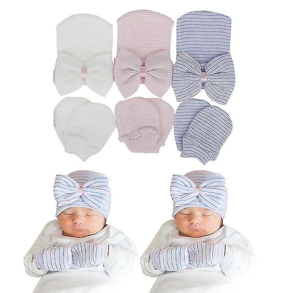 3 Par Newborn Huer Og Vanter For Babyer, Gutter, Jenter, 0-3 Måneder