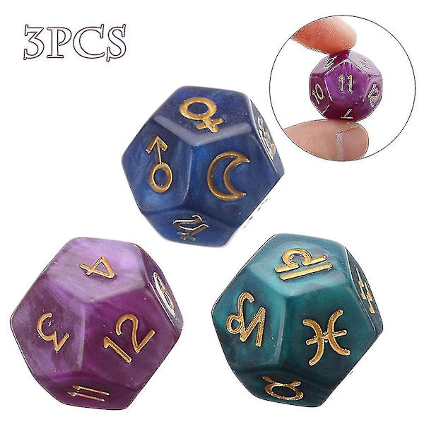 3-pack med 12-sidiga astrologiska tarot-tärningar för spådom