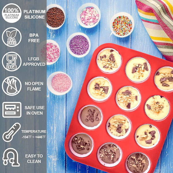 Silikone Muffinform - Almindelig 12 Kopper Cupcake-bakke, Non-Stick Silikone Bageforme til Fremstilling af Muffins, Cupcakes, Chokolade, 1 Pakke 12 Kopper