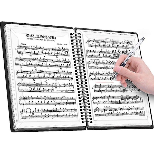 A4 60-siders musikkfilmappe, modifiser pianonoteark, musikknøkkelark, oppbevaringsmappe for dokumenter, tom plastmappe for konserter og kor