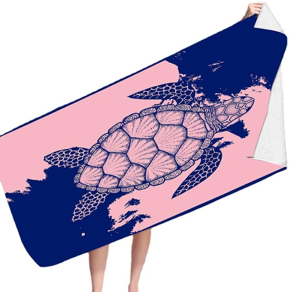 Strandhandduk – Blå med tropisk design, L 70*150CM Cool Hawaiian, Marinblå strandhandduk med ROSA ljusblå rand,