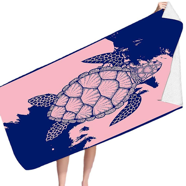 Strandhåndklæde – Blå med et tropisk design, L 70*150CM Cool Hawaiian, Navy Strandhåndklæde med PINK Lyseblå Stribe,