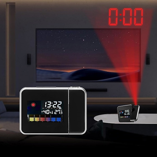 Projektionsväckarklocka, väderklocka sängbord med 180 projektor, LCD-digitalklocka med 12/24H för sovrum