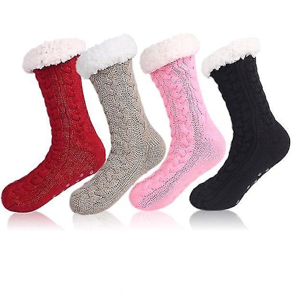 4 par damtofflor i fleece för kvinnor - fluffiga, mysiga, varma, tjocka, halkfria, julklapp, strumpa
