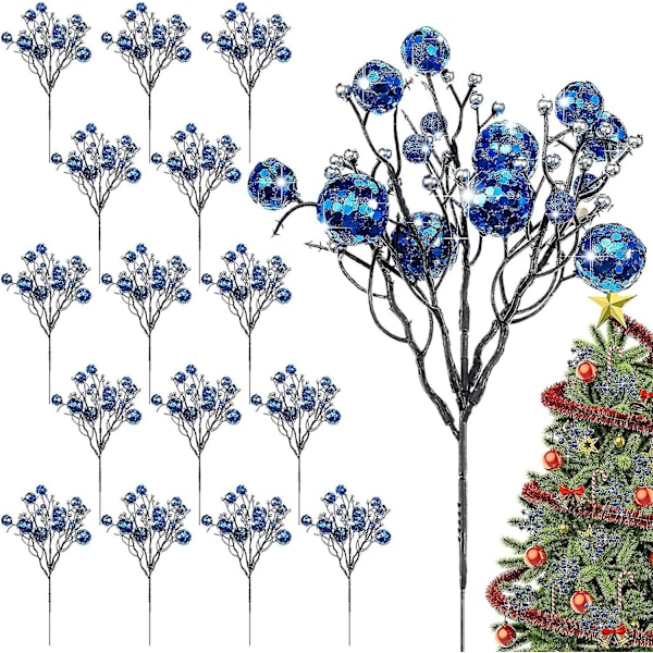 16 Stykker Blå Julebær Picks Sæt Jule Kunstige Glitrende Bær Stilke Til