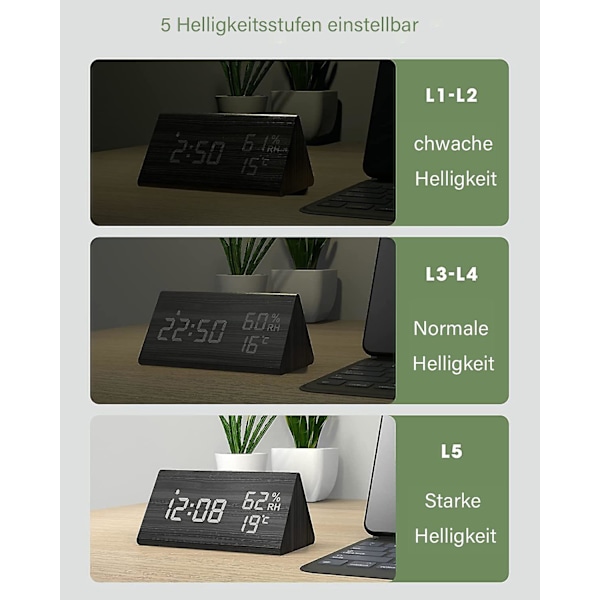 Digital väckarklocka i trä med röststyrning, snooze, datum, temperatur/luftfuktighet för sovrum/sängbord