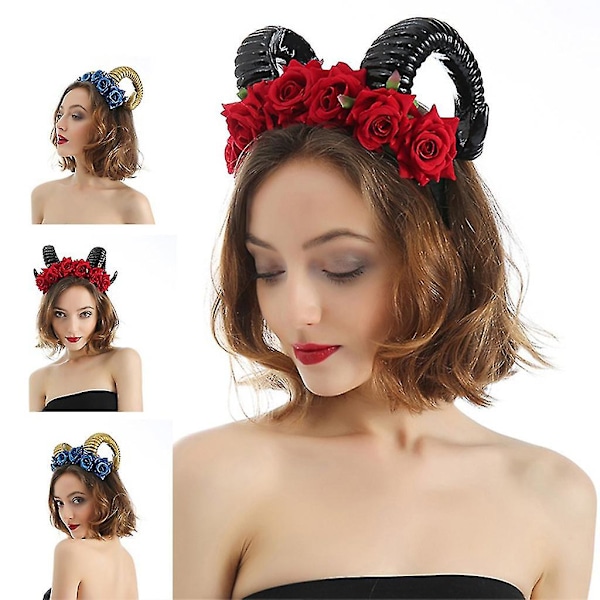 Halloween Gotisk Okse Fårehorn Pandebånd Kunstig Rose Blomsterkrans Krone Hårbøjle Dyr Cosplay Hovedbeklædning